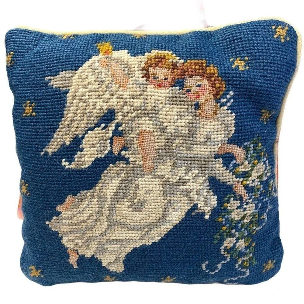 Christmas Pillow Vintage Blue Wool Needlepoint Angels‎ Holiday 10 Inch
